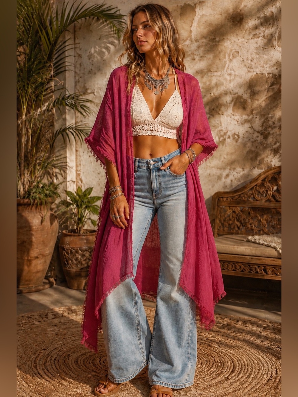 Sonoma Boho Fringe Kimono Wrap Cover-Up | One Size | Lightweight Layer